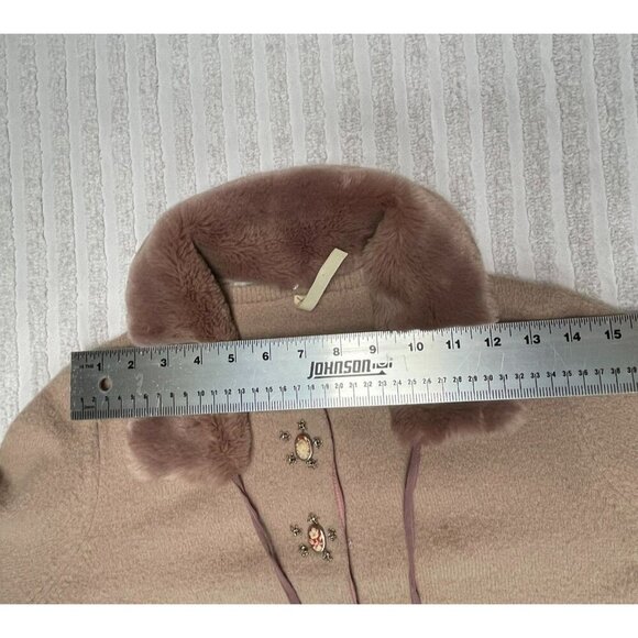 Vintage Easel Women's Snap Button Beige Faux Fur Trim Detachable Collar Jacket - Picture 8 of 11
